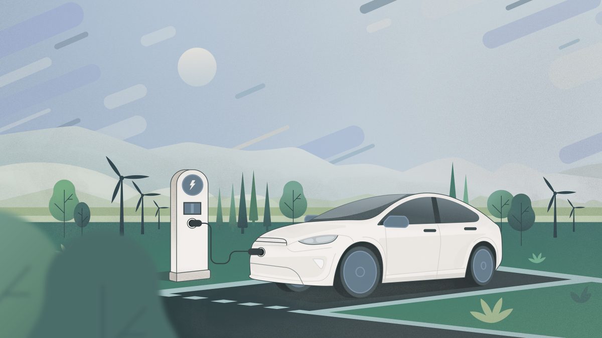 Illustration zum Thema Elektromobilität. Es zeigt ein eAutos auf einem Parkplatz an einer Ladesäule. Um den Parkplatz sieht man Natur und Windräder